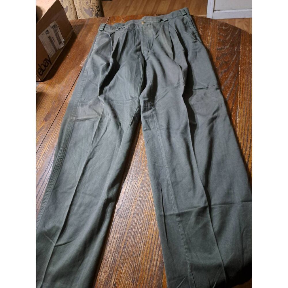 38x33 Perry Ellis America Dark Green Cotton Pleated Pants Pockets & Belt Loops